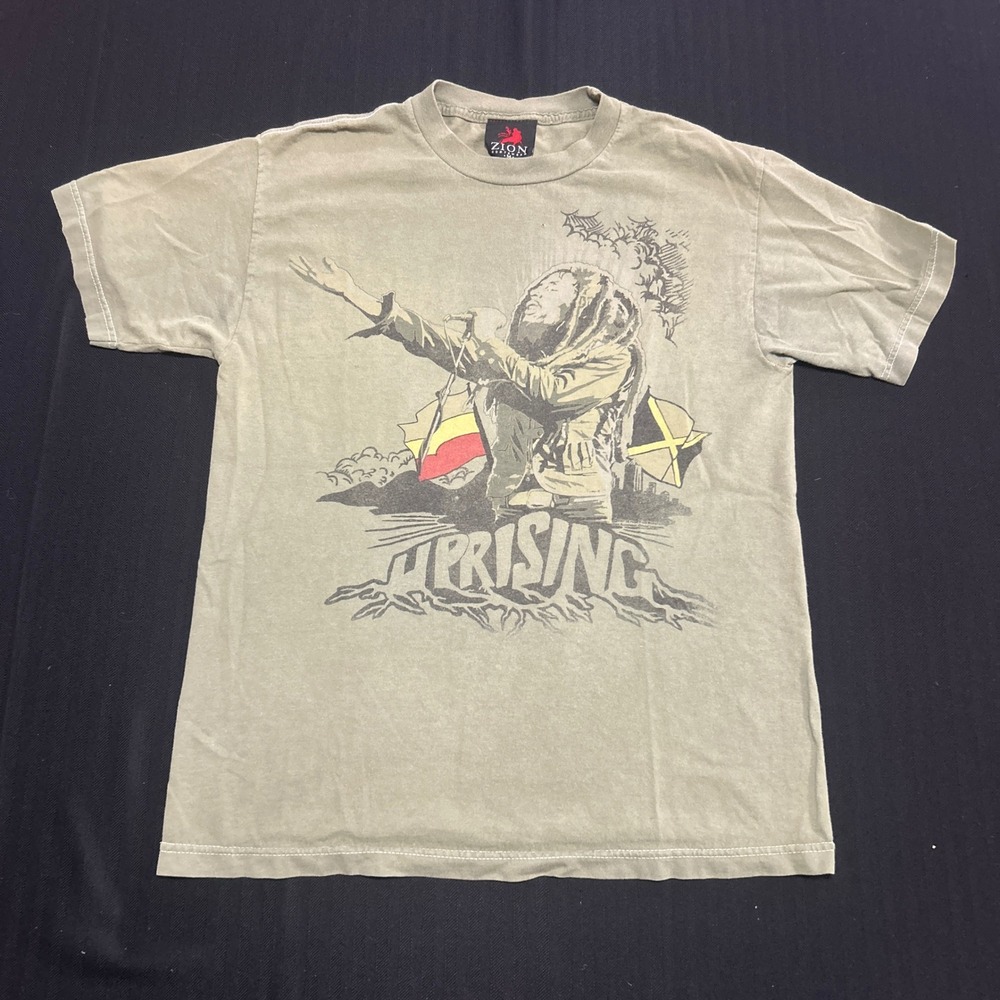 Zion Rootswear Bob Marley Uprising Graphic T-Shirt Mens Medium Olive Green Y2K